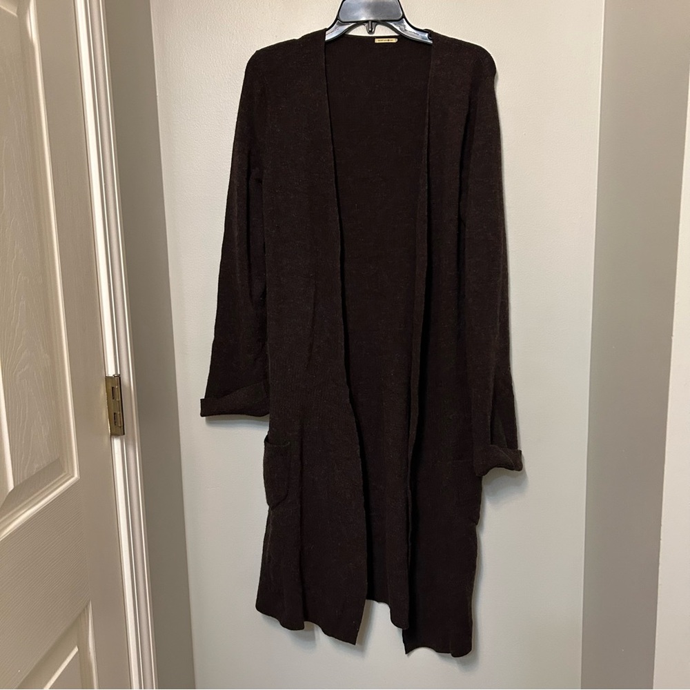 Max Studio Brown Open Front Long Sleeve Duster Cardigan Sweater Wool Blend M